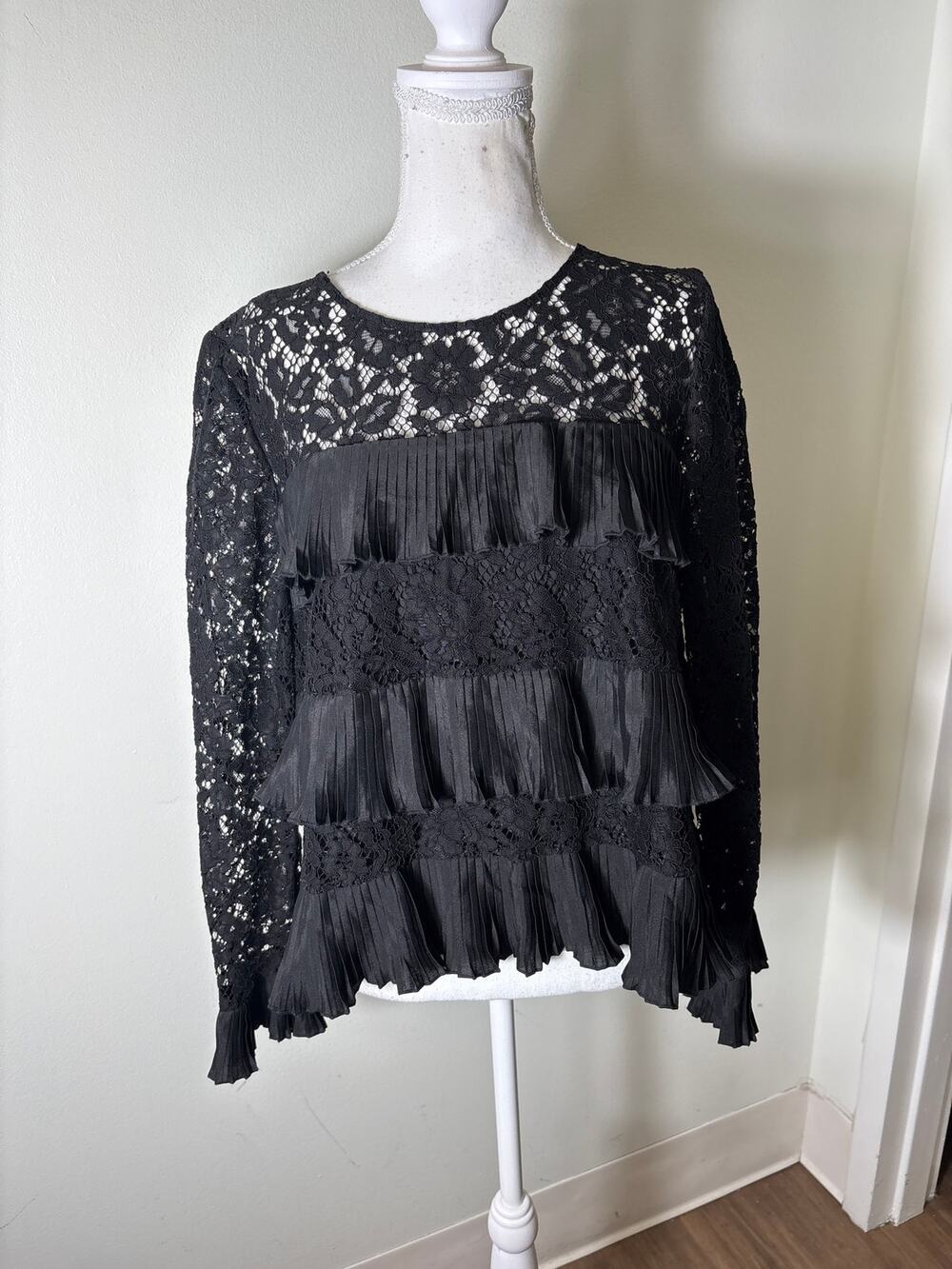NWT J. Crew Black Long Sleeve Lace and Ruffle Top Sz 12